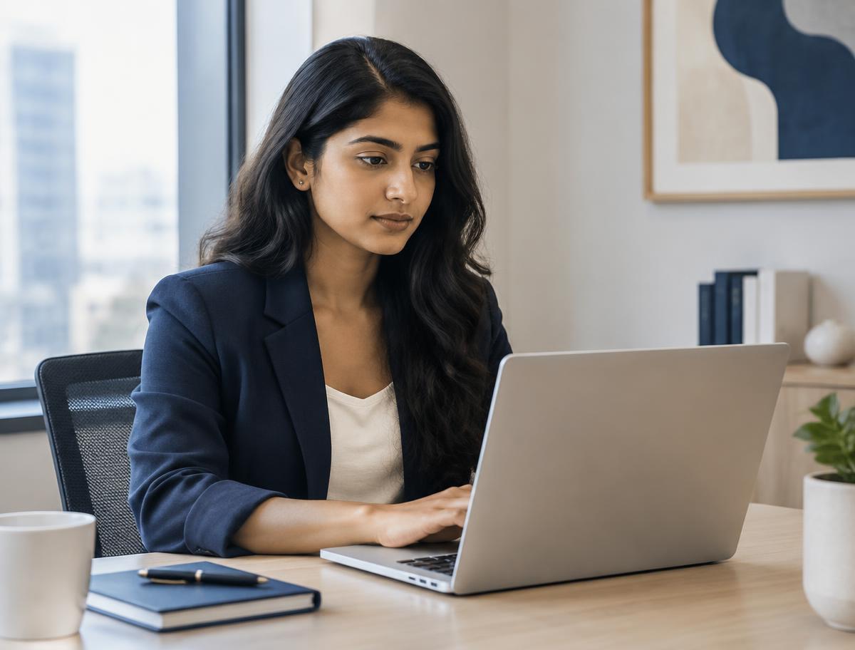 A graduate reviewing her optimized resume on a laptop